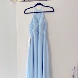 Light blue, floor length, halter dress with draping at the top!